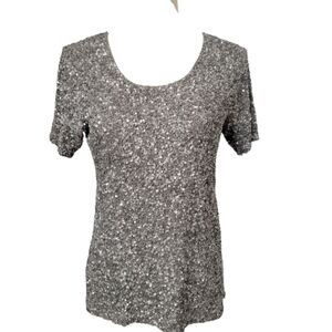 EXETERA Vintage Handmade Taupe & Silver Sequin Short Sleeve Top